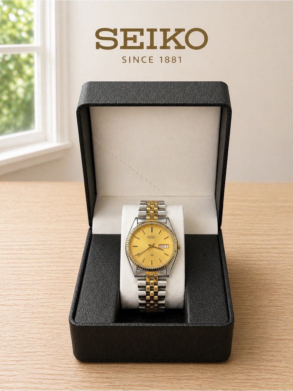 Vintage Seiko Two Tone Day/Date Gold Dial-Gold-Silver Band 5Y23-8A60 Mens Watch